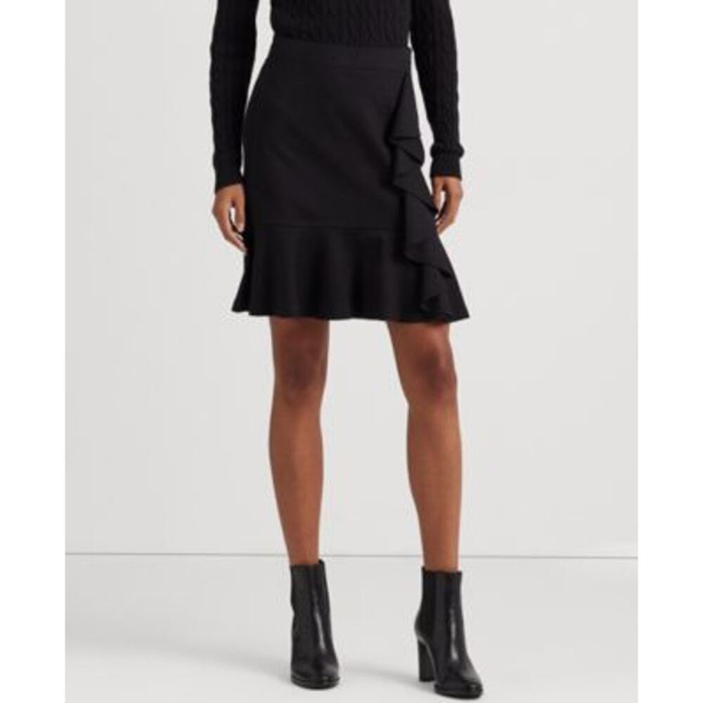 Lauren Ralph Lauren High Waisted Ruffle-Trim Ponte Skirt Black Women's Large